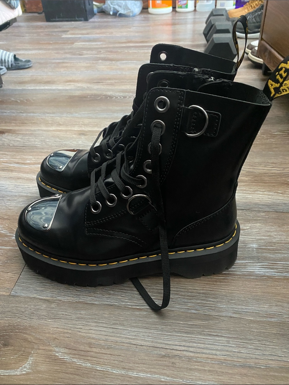 Dr. Martens Black Leather Combat Boots with Silver Toe Caps - Picture 2 of 5